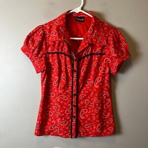 Sourpuss Western Bandana Blouse Red Paisley Cowgirl Shirt Y2K Rodeo Style Medium